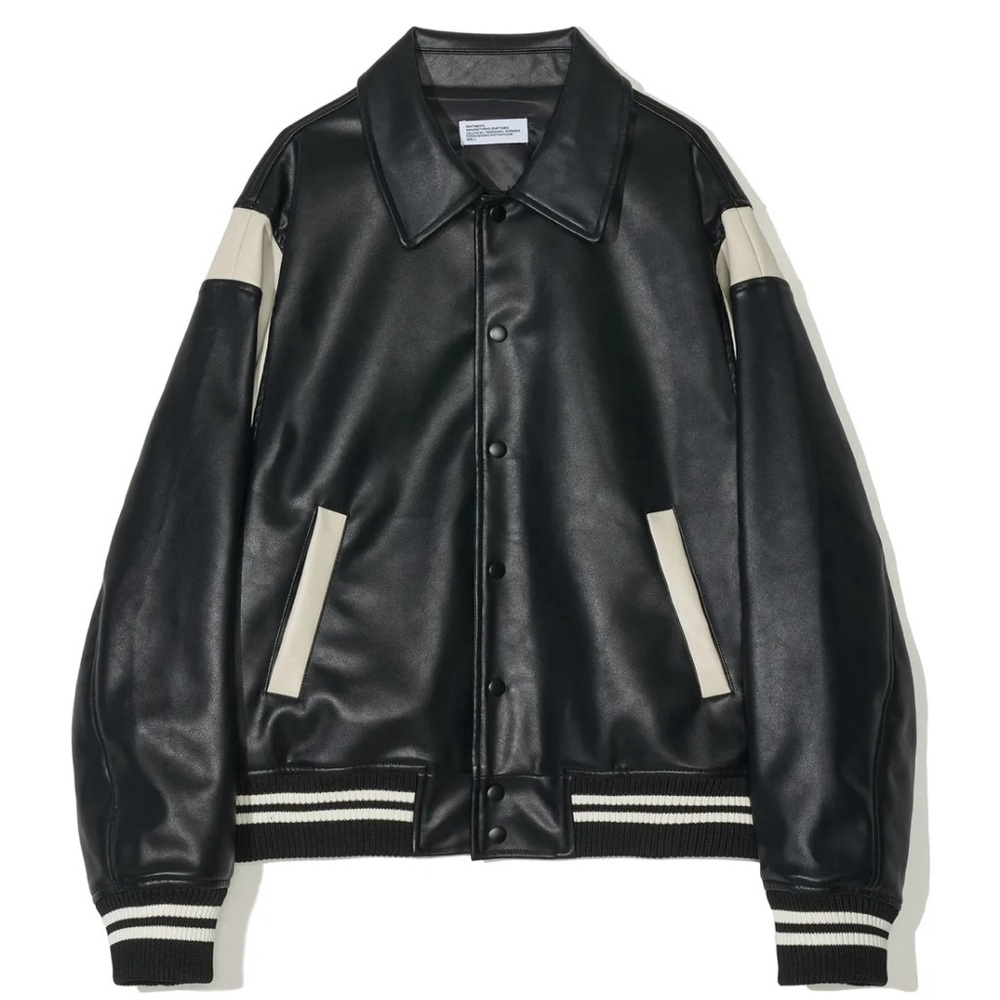 Black & Cream Leather-Look Bomber Jacket